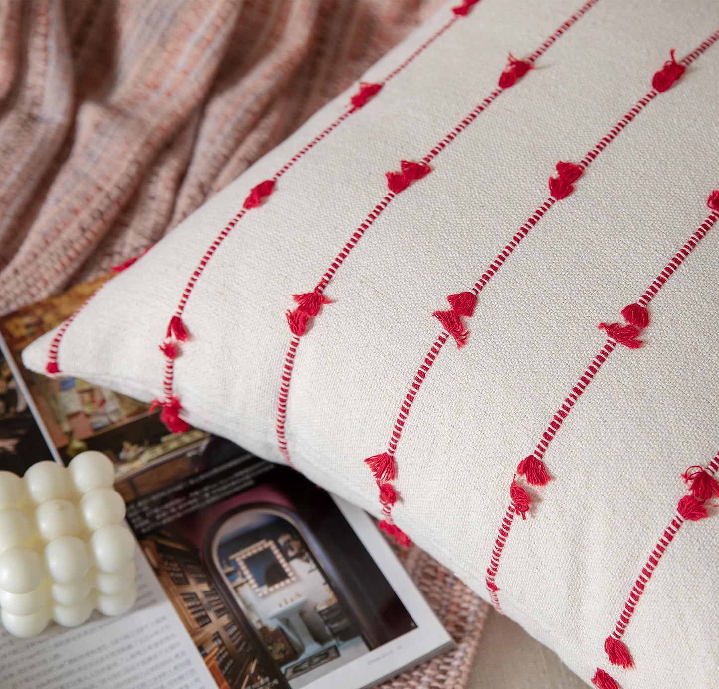 Caflife Boho Christmas Throw Pillow Covers 18x18 inches Beige and Red, Set of 2 Modern Farmhouse Christmas Decorations Pillow Covers for Couch Sofa Bed, Living Room