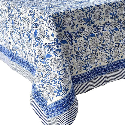 ATOSII Indigo Bloom 100% Cotton Rectangle Summer Tablecloth, Handblock Floral Print Linen Table Cloth for Kitchen Dining I Parties, Weddings, Outdoors, 60 X 108 Inches I 8 Seater