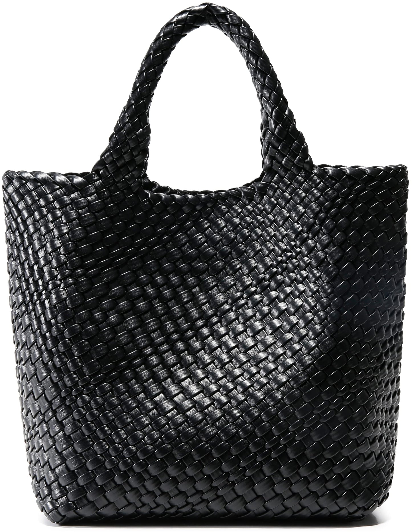 Queenoris Woven Bag for Women, Vegan Leather Tote Bag Large Summer Beach Travel Handbag and Purse Retro Handmade Shoulder Bag (Black)