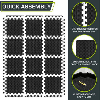 ProsourceFit Exercise Puzzle Mat ½-inch, Checkered EVA Foam Floor Tiles w/ Non-Slip Texture, Interlocking Design for Adjustable Gym Surfaces, Shock Absorbing, Black, 12 SQ FT - 12 Tiles
