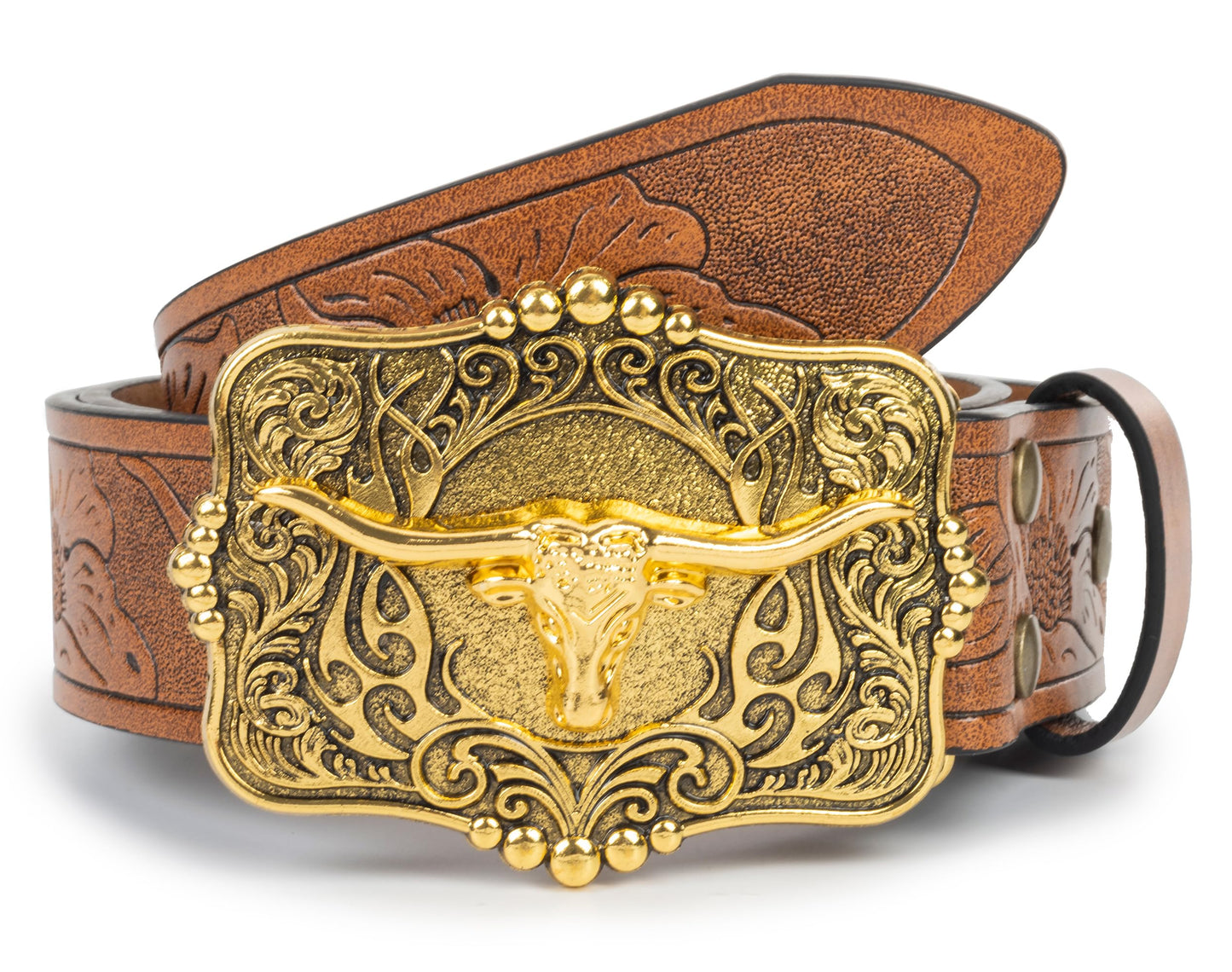 Voenkca Western Cowboy-Cowgirl Leather-Belts for Men - with Longhorn-Bull
