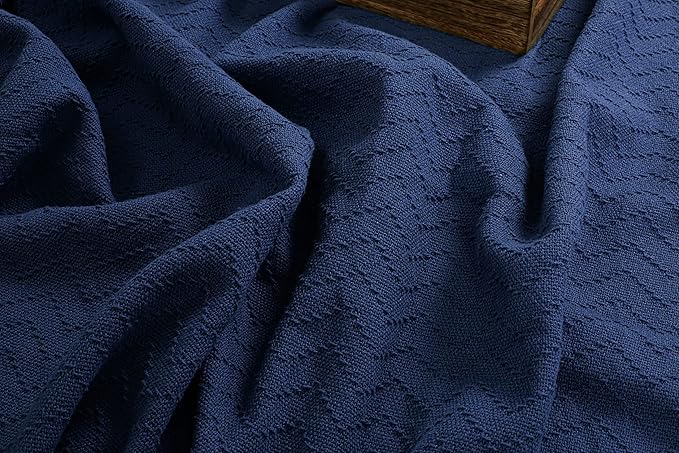BELIZZI HOME 100% Cotton Bed Blanket, Breathable Thermal Blanket King Size, Soft Chevron 90''x102'', Perfect for Layering Any All Season, Navy Blue
