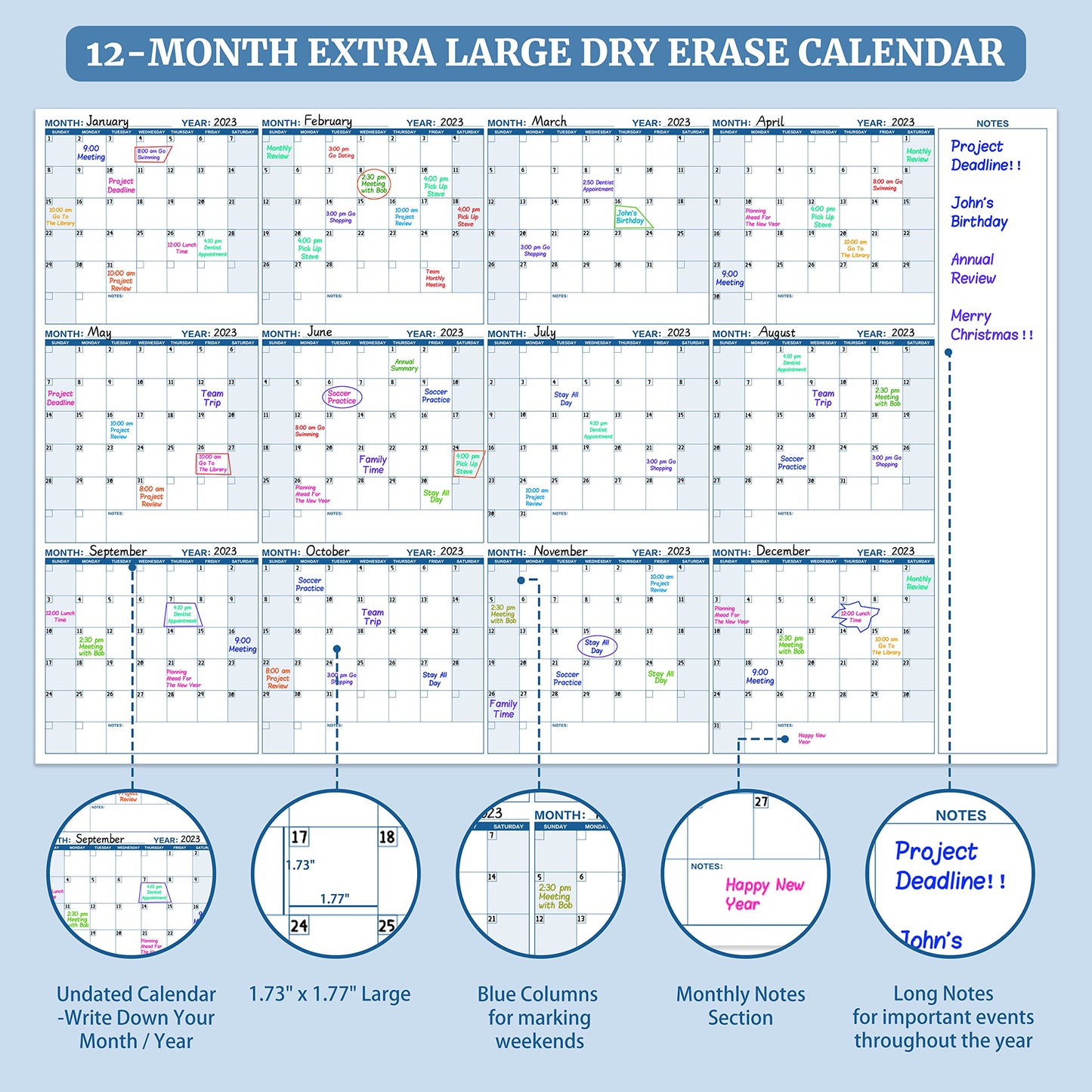 Large Dry Erase Calendar for Wall – Yearly Wall Calendar Dry Erase, 37" x 57.9", 12-Month Undated Blank Calendar Planner, Reusable Laminated Task Organizer with Note, Great for Office, Classroom, Home