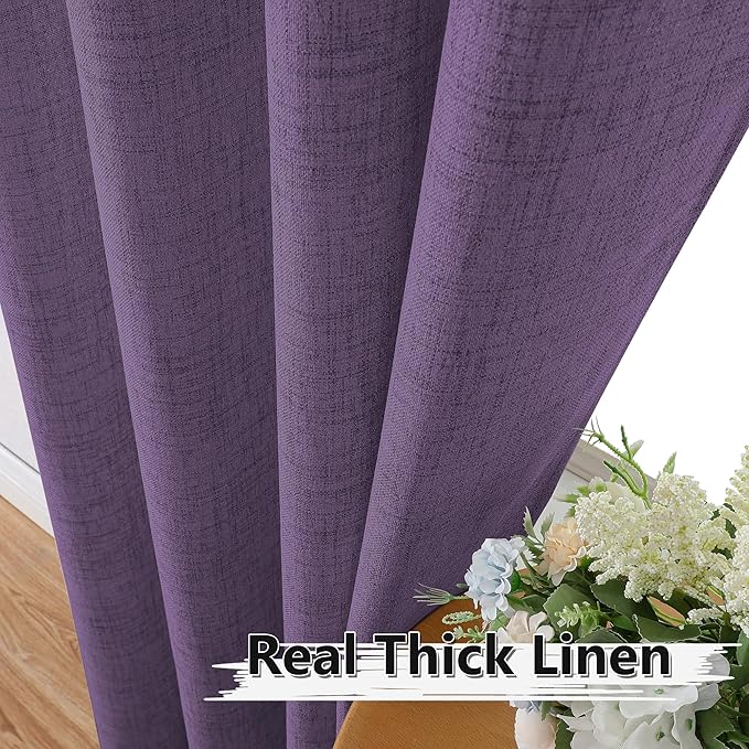 Tollpiz Short Linen Curtains Living Room Rod Pocket Semi Sheer Curtain Burlap Light Filtering Thick Linen Drapes for Bedroom, 54 x 54 inches Long, Royal Purple, Set of 2 Panels
