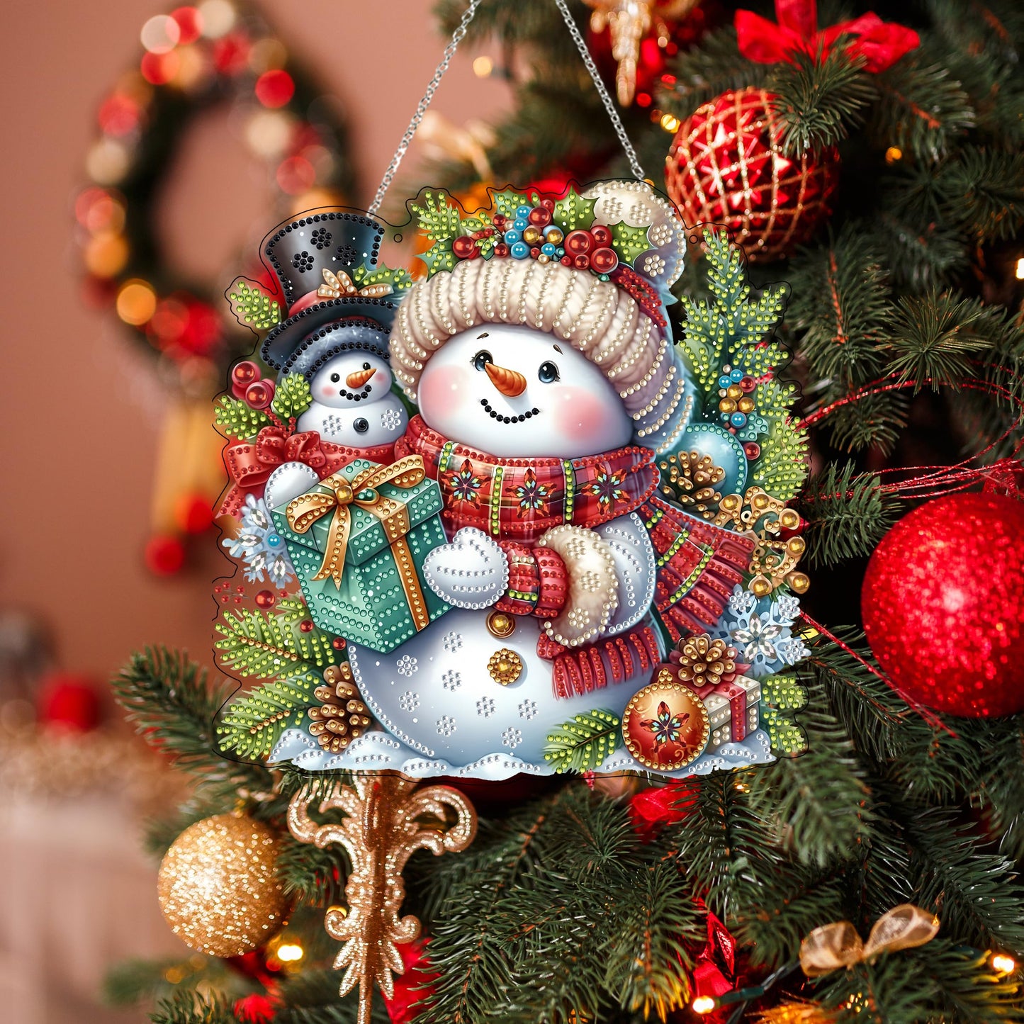 JJFox Diamond Art Hanging Kit for Adult,Special Shaped Rhinestone,DIY Acrylic 5D Diamond Art Painting Window Pendants Home Garden Wall Hanging Kits Hanging Ornament,Double Sided. (Christmas Snowman)