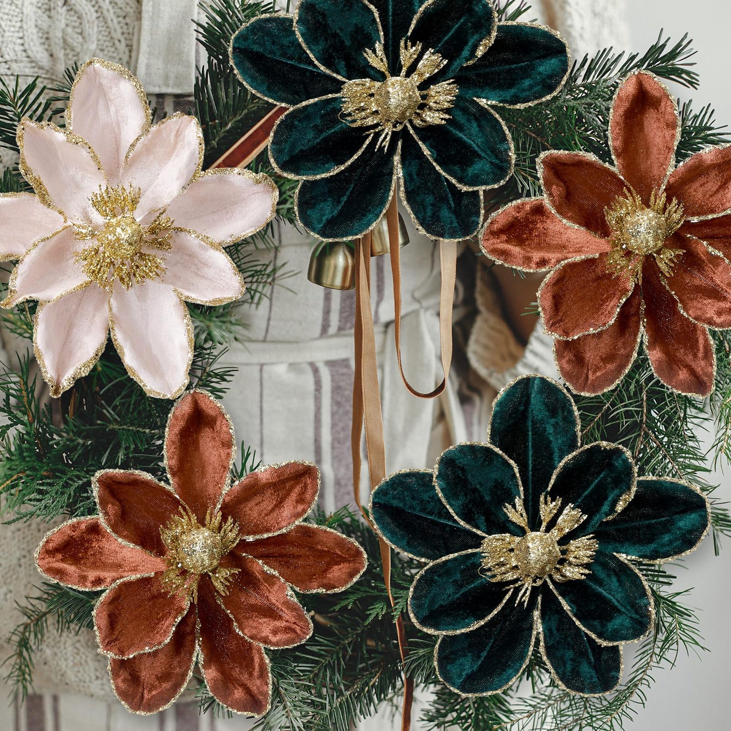 Suncalla 18 Pcs 5.9'' Large Christmas Magnolia Flower Artificial Glitter Velvet Christmas Tree Decoration Fold Xmas Ornaments for Tree Xmas Holiday Wedding Party New Year (Classic,White,Brown,Green)