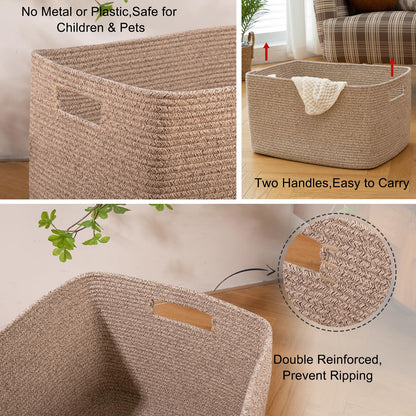 OIAHOMY 75L Large Blanket Basket, Woven Blanket Storage Basket with Handle, Cotton Rope Basket for Organizing 22”x17”x12”, Blanket Basket living Room, Toy Basket for Nursery, Brown variegated
