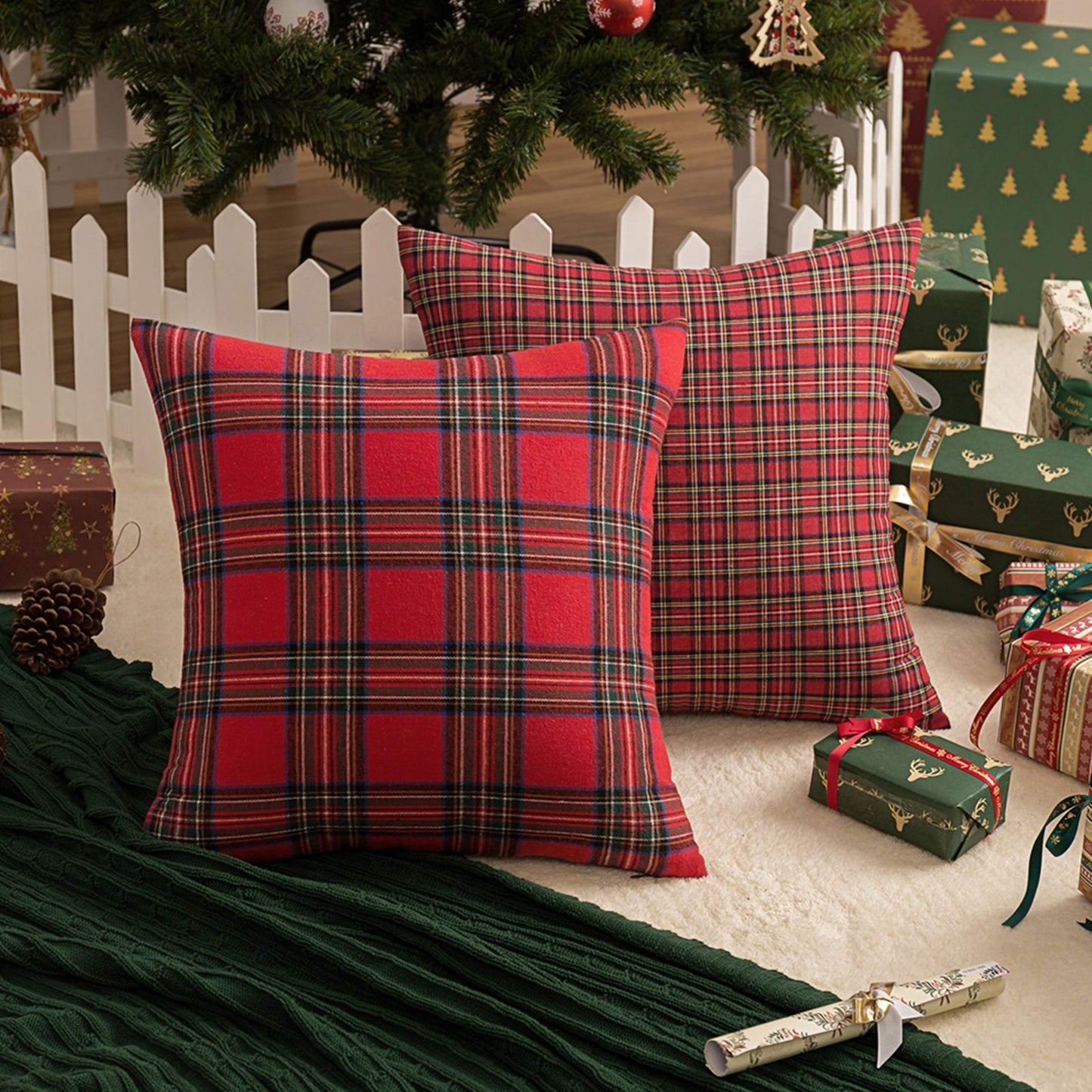AQOTHES Pack of 2 Christmas Plaid Decorative Throw Pillow Covers Scottish Tartan Cushion Case for Farmhouse Home Holiday Decor Red and Green, 20 x 20 Inches