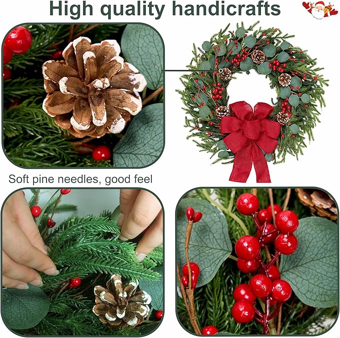 Artificial Christmas Wreath 24Inch Christmas Wreaths for Front Door Norfolk Pine Wreath with Eucalyptus Leaves Red Berries Pine Cones Red Bow for Wall Indoor Outdoor Winter Xmas Decoration