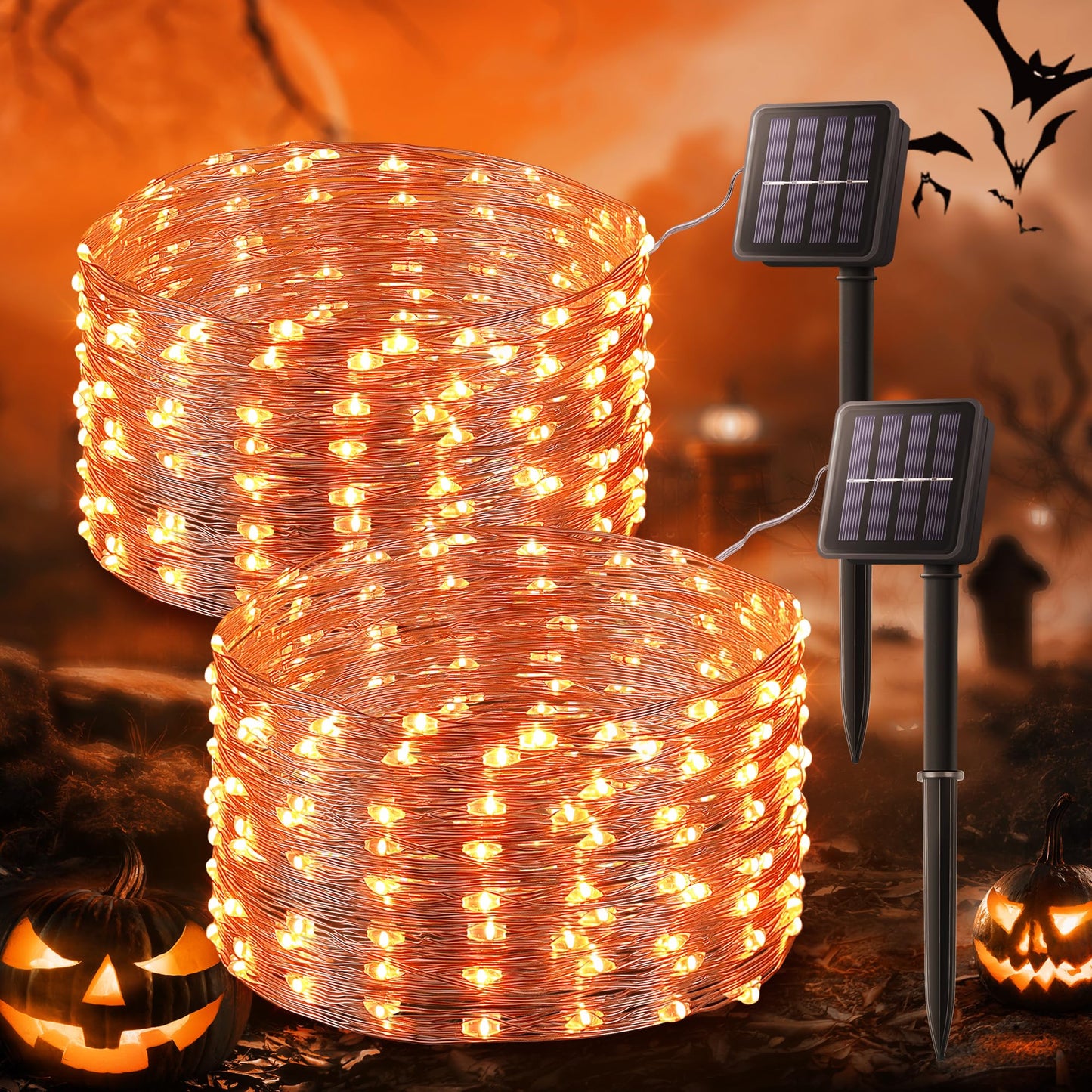 BEEWIN 2 Pack Orange Solar Fairy Lights Outdoor,Each 33ft 100 LED Solar Powered Halloween String Lights,Waterproof Copper Wire Twinkle Light for Thanksgiving Christmas Trees Party Yard Decor