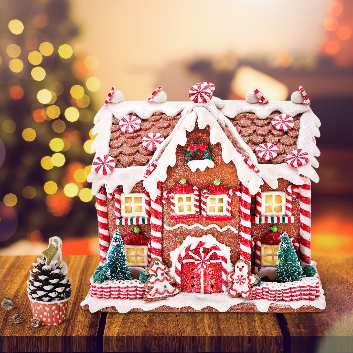 KPCB Gingerbread House Decorations - Gingerbread Decor 8.7 inches - Classic Christmas Village Figurines with Detailed Handcrafted Elements - Table Centerpiece Cookie Holiday Decor