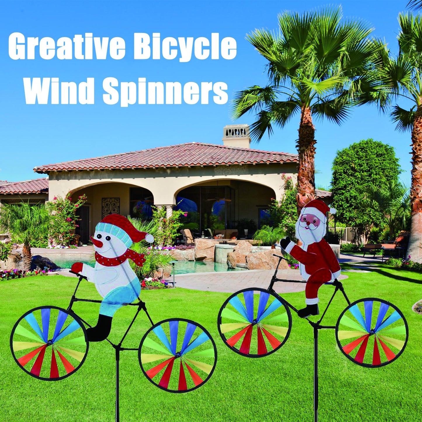 2 Pack 20 Inches Christmas Santa & Snowman Bike Spinner Decorations Pinwheels with Stakes Windmill Wind Spinners Outdoor for Yard Garden Lawn, Large Pin Wheels Christmas Accessories Gifts for Kids