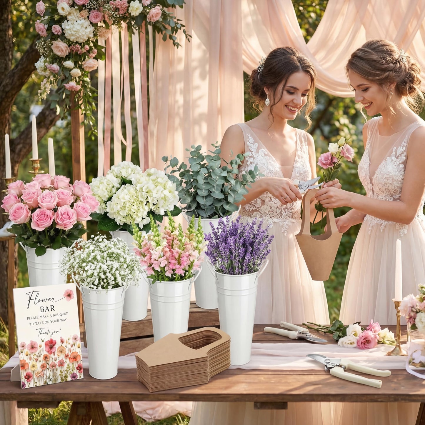 LEIFIDE Flower Bar Buckets Set Kit Bloom Bar Supplies Include Wood Sign Gift Bags Iron Bucket Garden Flower Shears for Wedding Bridal Shower Graduation Birthday Table Centerpieces(39 Pcs,Light Beige)