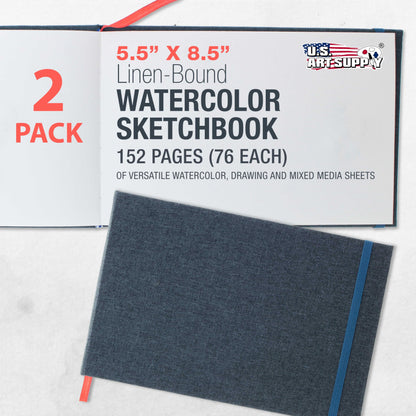 U.S. Art Supply 5.5" x 8.5" Watercolor Book (2 Pack, 76 Sheets Each) - 110lb (230 GSM) Linen-Bound Hardcover Artist Paper Pads - Acid-Free Cold-Pressed Watercolor Paper Pad Mixed Media