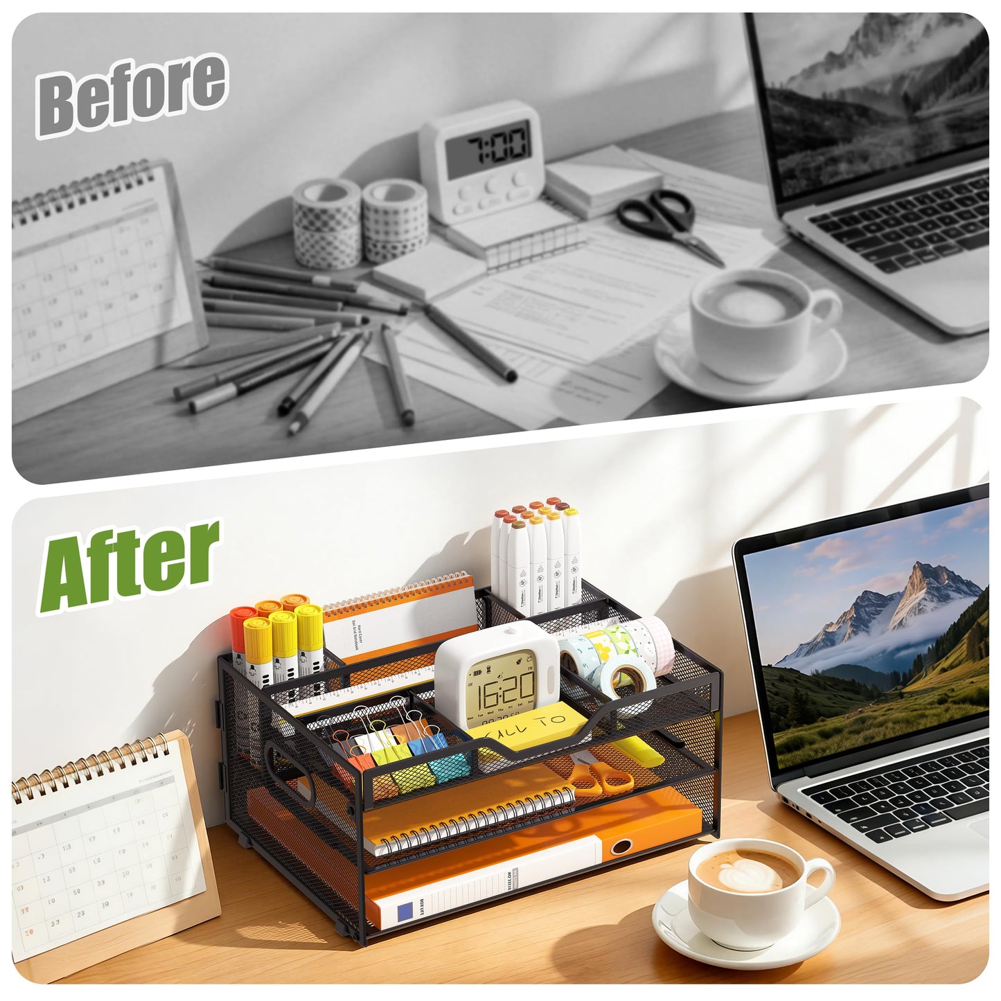 NextFile 3-Tier Letter Paper Tray Desk Organizer, Black Desktop File Rack Holder with 3 Drop in Pencil Holder and Sliding Tray for Office Classroom and Home Supplies Organization Storage