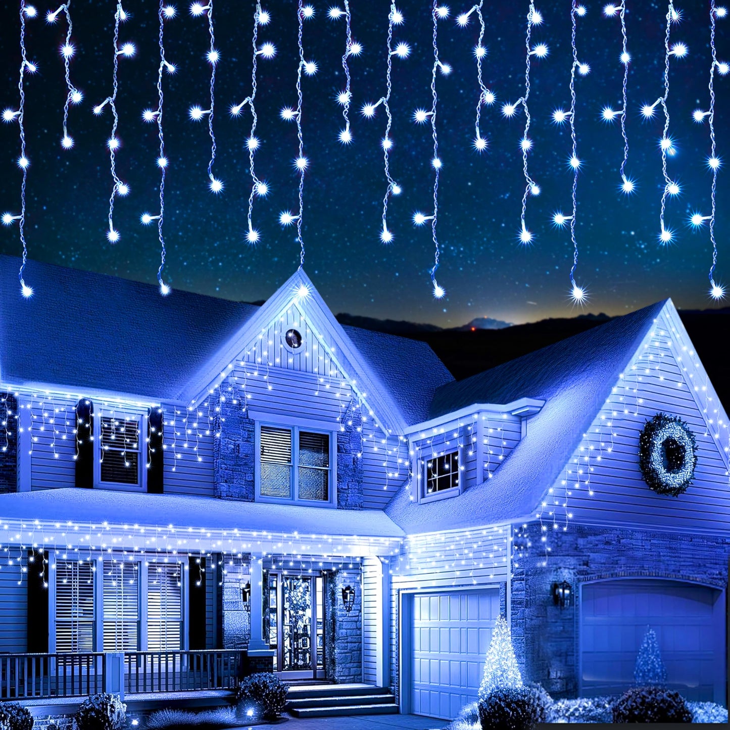 EcoNour Cool White Easter Icicle Lights for Outside, 32.8 FT 360LED Outdoor Icicle Lights with 8 Mode, 8HR Timer, Memory Function, Clear Wire connectable, Plug in Fairy Lights for Roofline, Party