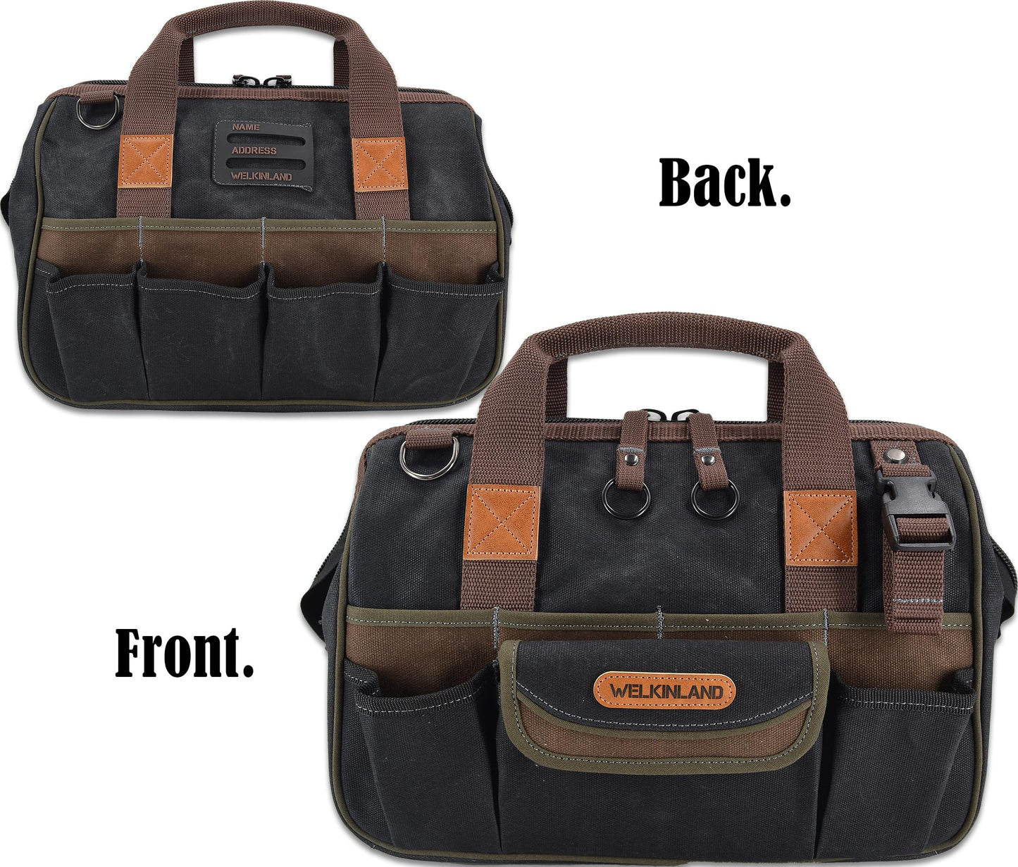 WELKINLAND 30-Pockets Canvas tool bag, 14-Inch Heavy Duty Waxed bags heavy duty, Tool duffel, Lineman Electrician for electricians,Tool men duty Black/Brown/Olive