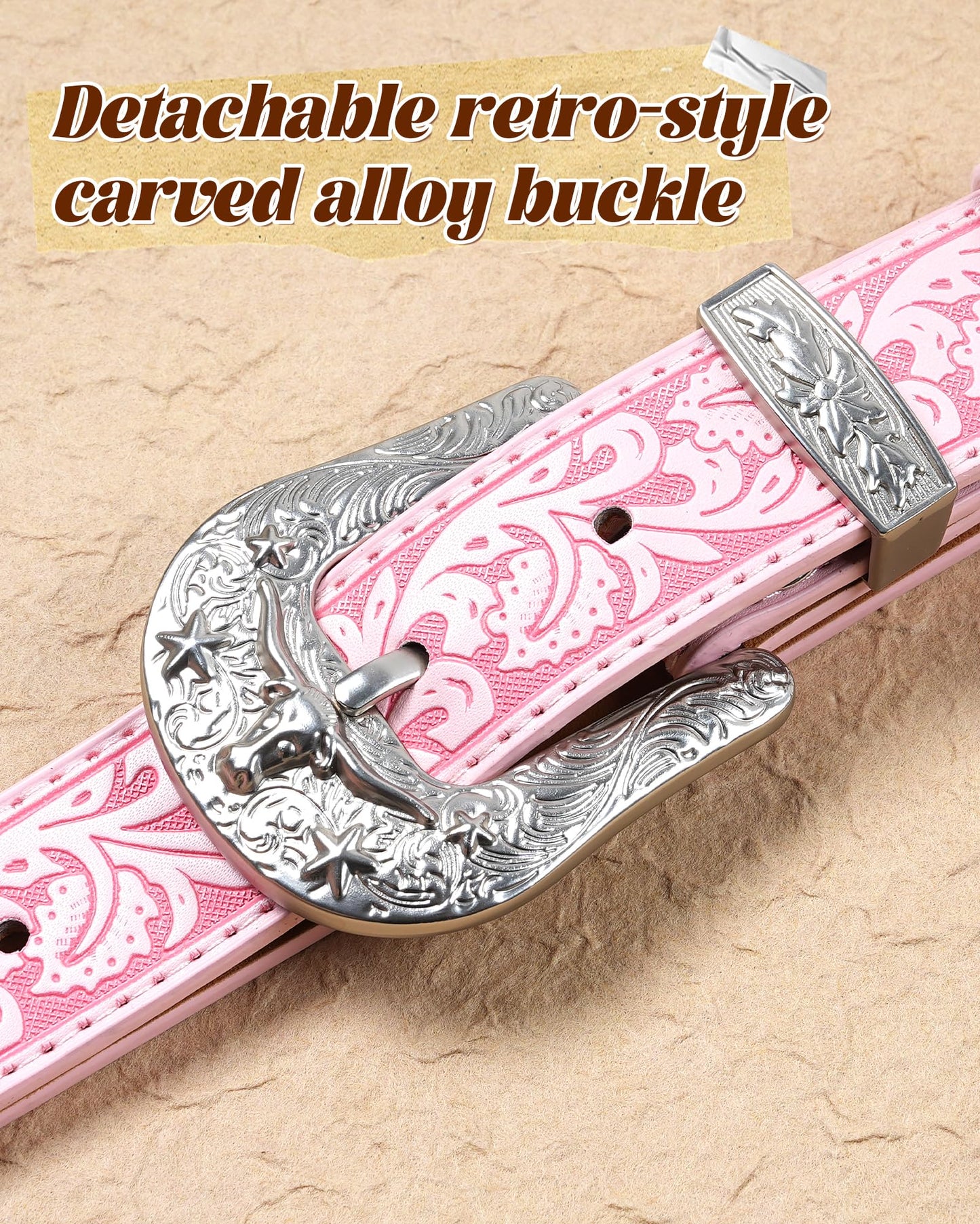 Kajeer Kids Western Belt for Boy,Cowboy Leather Belt Vintage Engraved Embossed Buckle Western Belts for Jeans Gifts