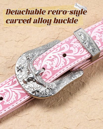 Kajeer Kids Western Belt for Boy,Cowboy Leather Belt Vintage Engraved Embossed Buckle Western Belts for Jeans Gifts