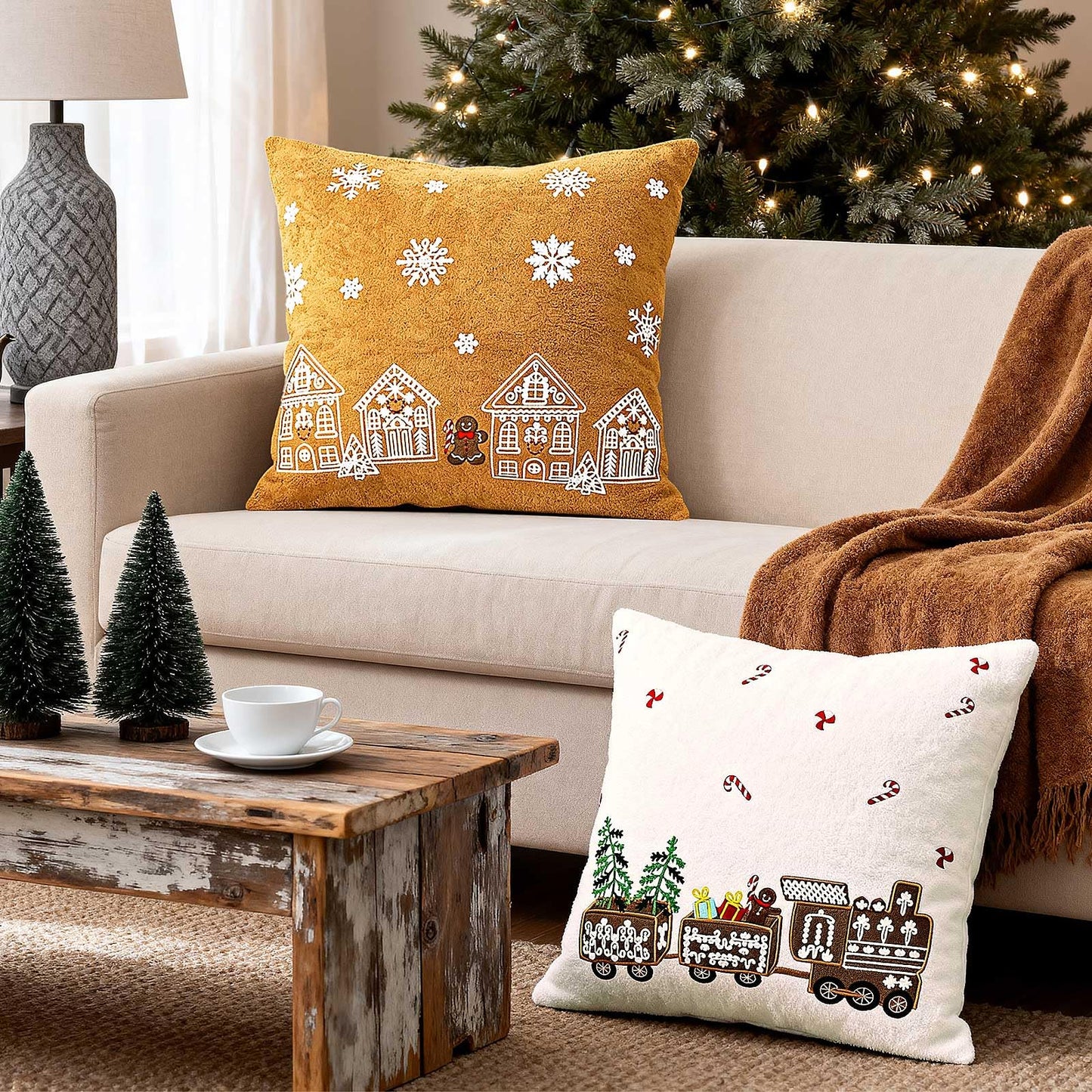Lanpn 16x16 Christmas Pillow Covers Set of 2, Embroidery Gingerbread Man House Decorative Holiday Pillowcase Pillow Case Cushion 16 x 16 for Indoor Home Bedroom Sofa Couch Xmas Decor
