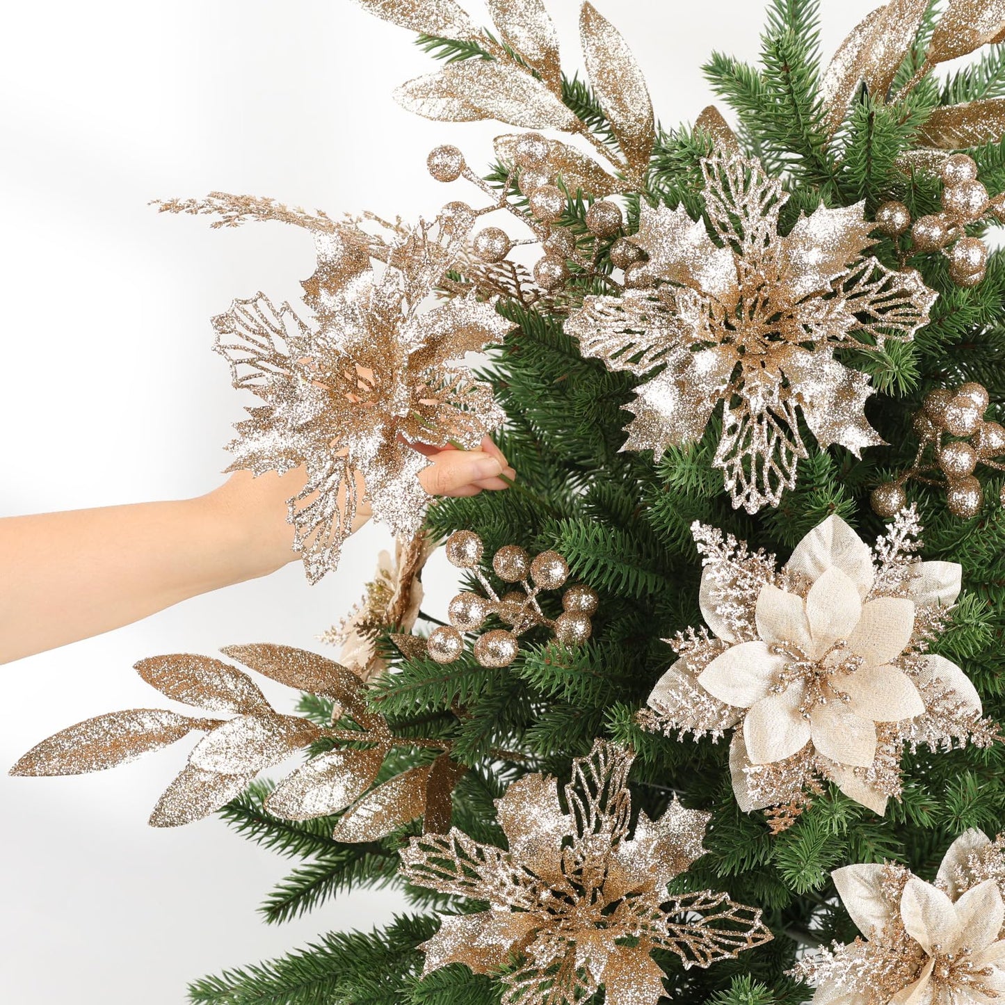 N&T NIETING 30Pcs Champagne Christmas Poinsettia Artificial Flowers & Glitter Berries Leaf Stems Kit Christmas Floral Picks Christmas Tree Garland Wreath Filler Ornaments for Home Party Xmas Decor