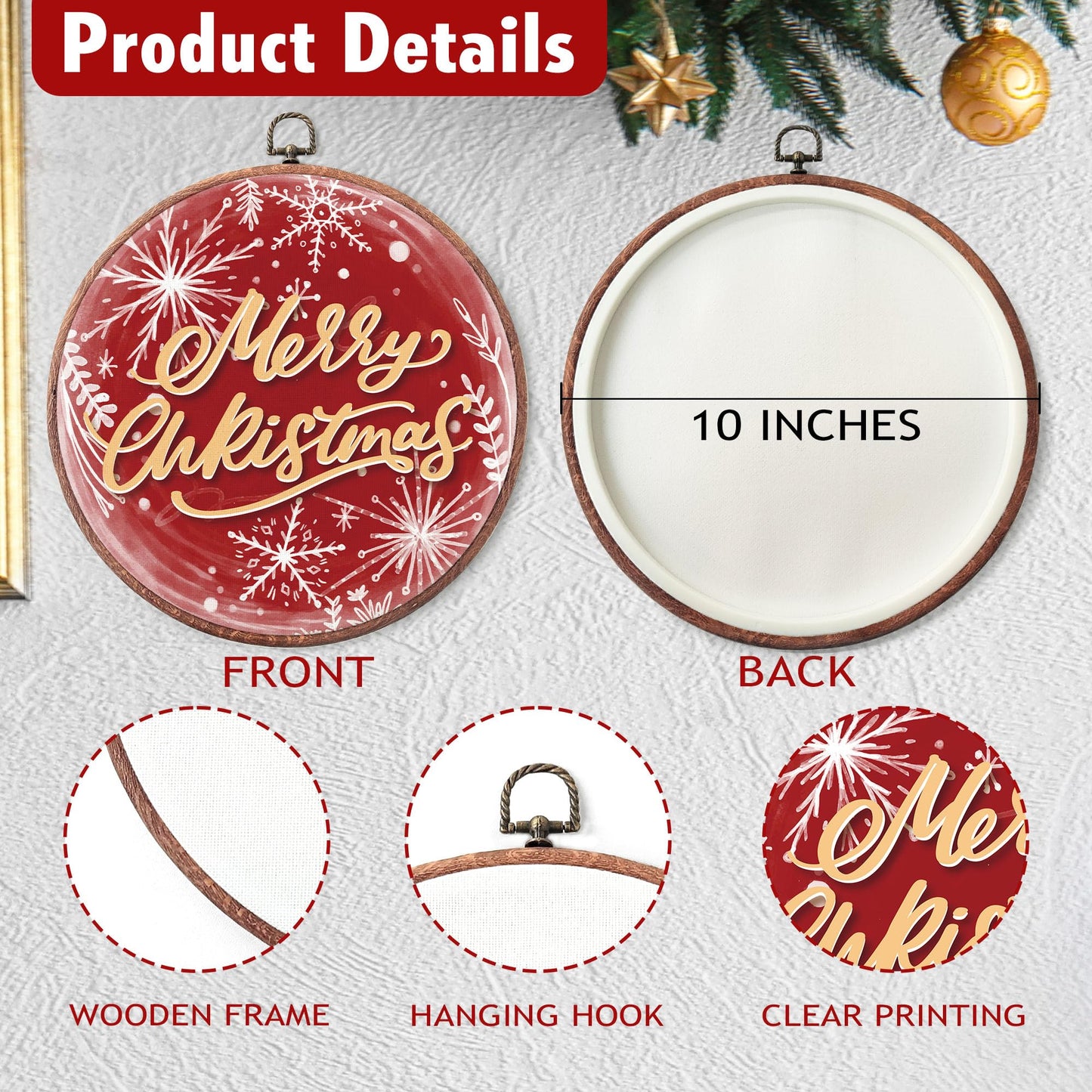 Round Merry Christmas Canvas Wall Art, 10x10 Inches Winter Snowflake Round Wall Art Framed, Christmas Embroidery Kit Decor for Home Living Room, Xmas Gift Ideas for Family Friends(Red)-A06