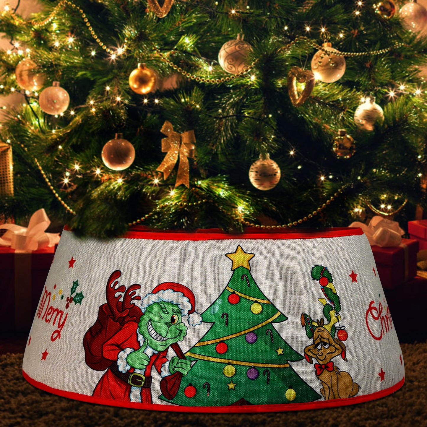 Christmas Tree Collar, 24" Christmas Tree Base Cover with Classic Pattern, Xmas Tree Decorations for Home Indoor, Linen (White)
