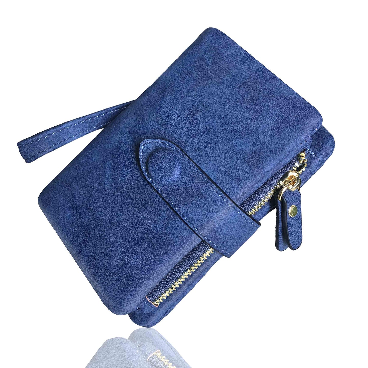 AOXONEL Women's Small Bifold Leather wallet Rfid blocking Ladies Wristlet with Card holder id window Coin Purse (Blue)