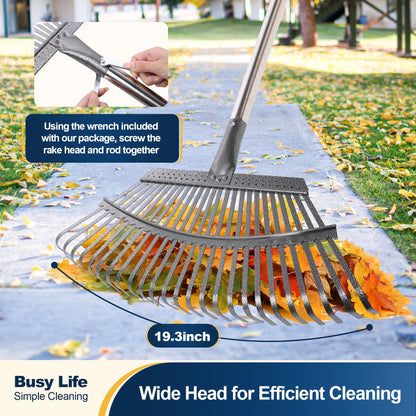 Yocada 19.3" Garden Leaf Rake Wide Heavy Duty Adjustable Long Handle Garden Rake for Yard Garden Lawn Leaves (25 Tines)