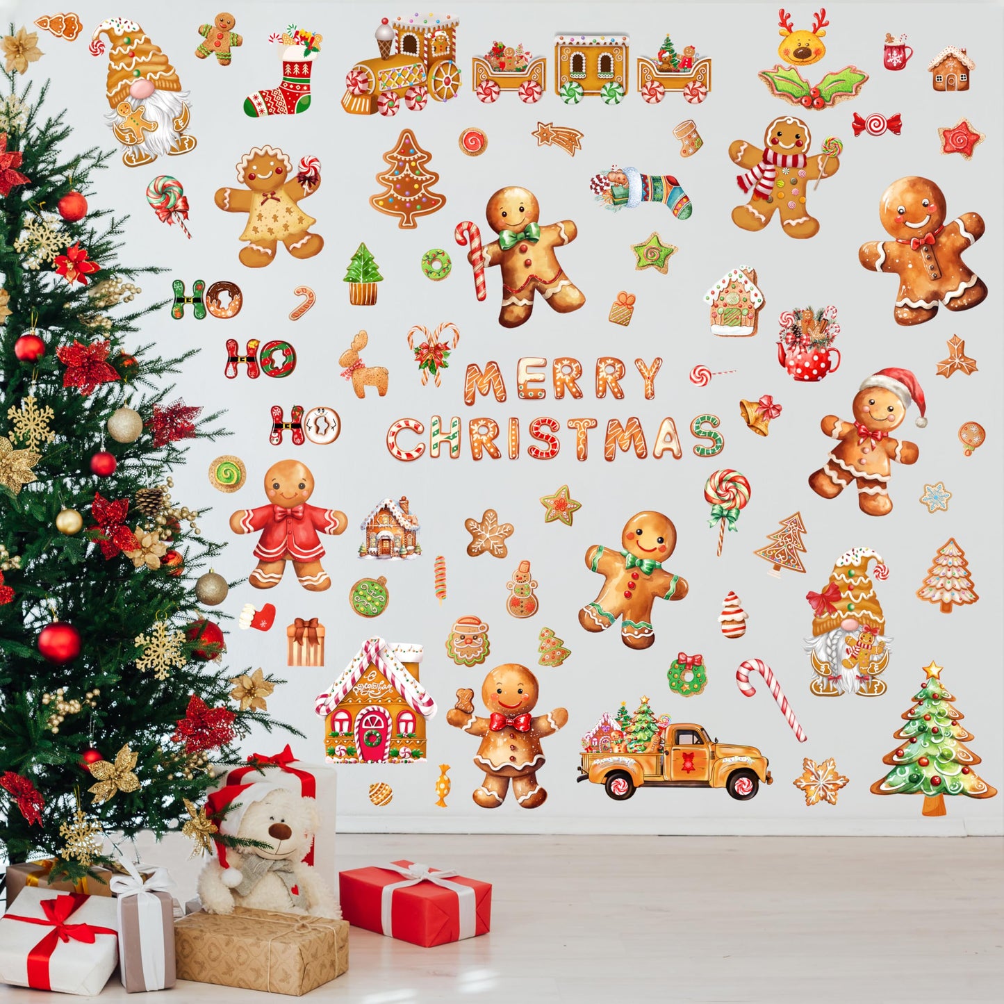 Christmas Gingerbread Wall Stickers Decoration 12 Sheets, Christmas Wall Decals Holiday Gingerbread Decor, Winter Candy Vinyl Stickers for Living Room Bedroom Home Office Decor