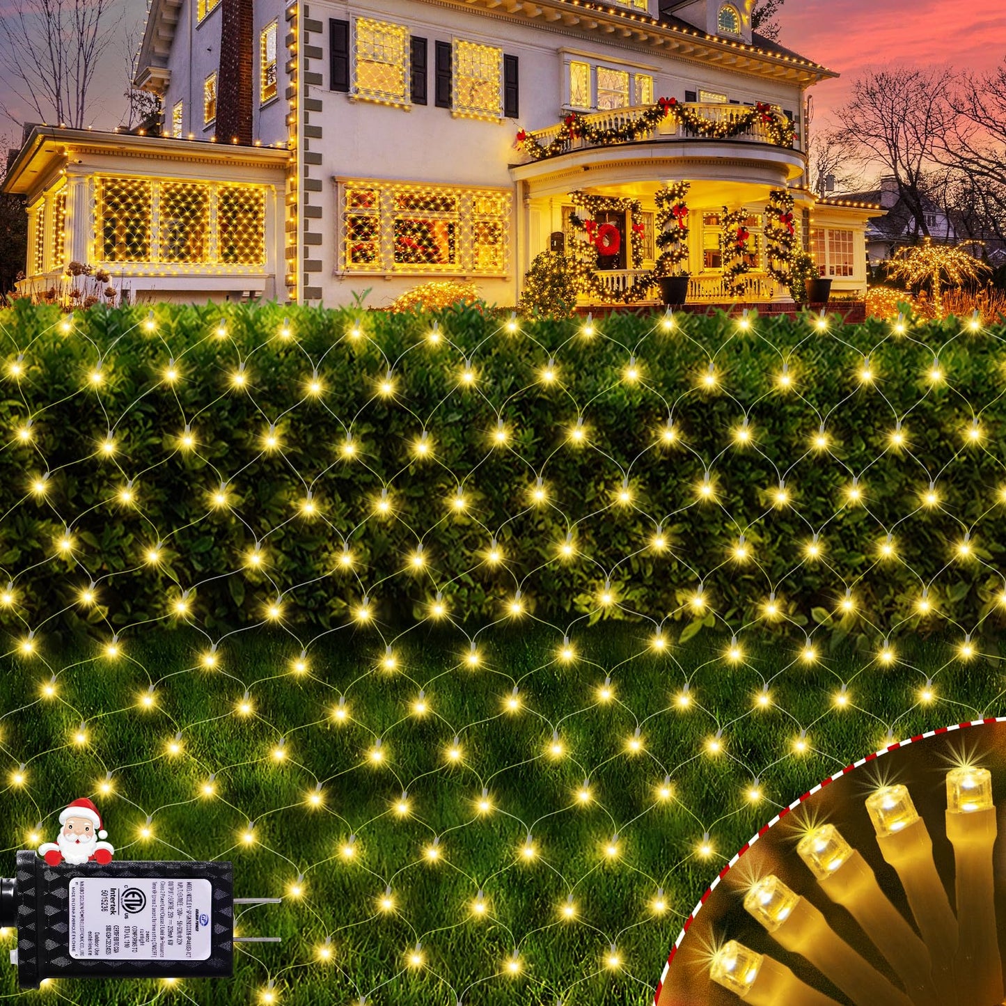 Hezbjiti Christmas Net Lights Outdoor 200 LED 6.9FT x 5.4FT Clear Wire with 8 Modes, Connectable Plug in Waterproof, Timer Memory Function for Xmas Tree Bushes Porch Lawn Windows Decor（Warm White）