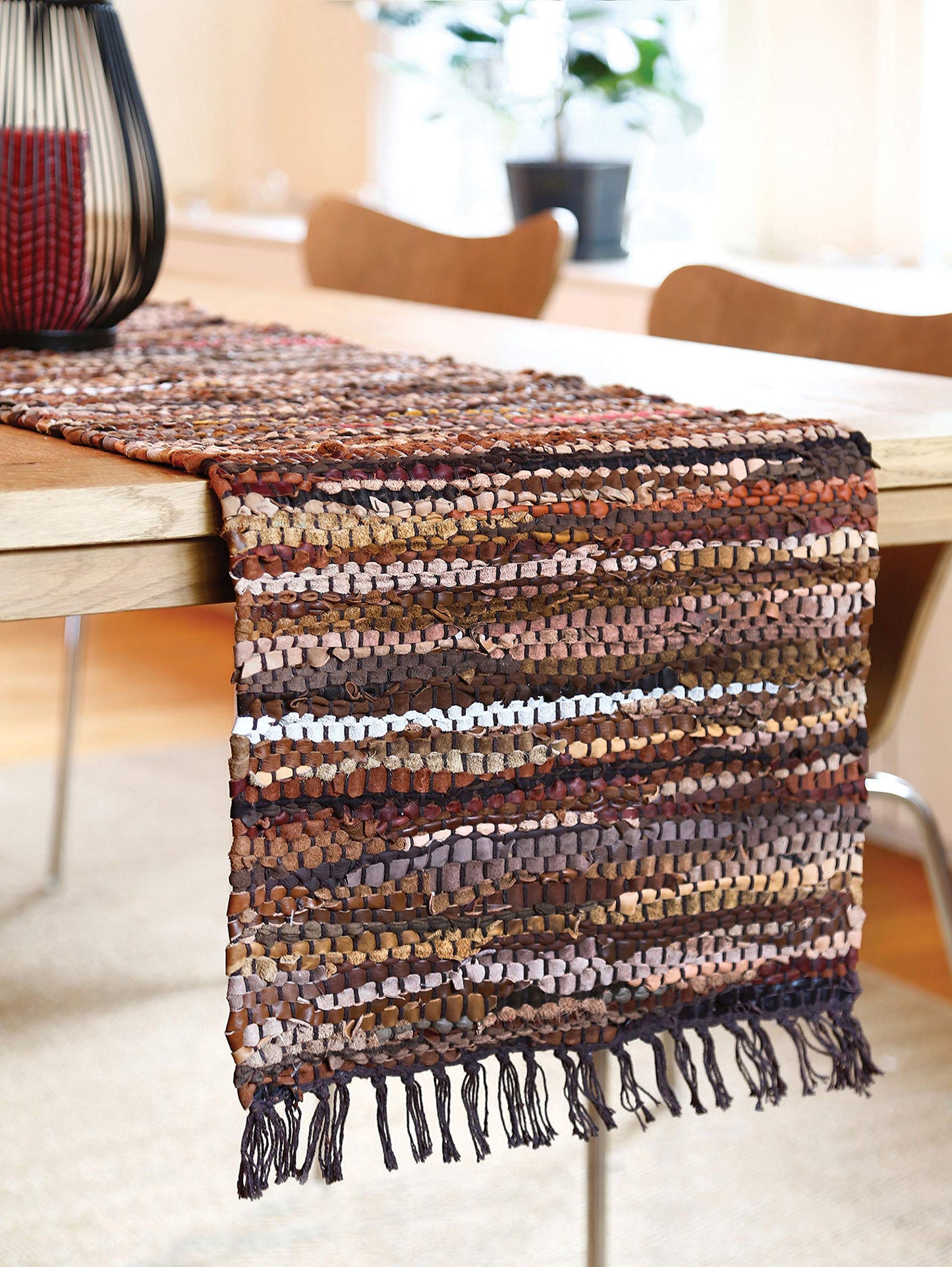 HF by LT Tucson Leather Table Runner, 13 x 39 inches, Handwoven Recycled Leather and Soft Cotton, Brown