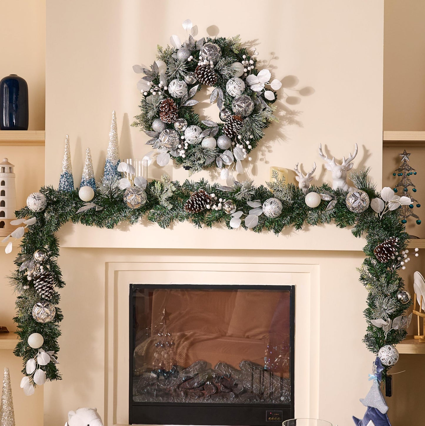 Valery Madelyn 9 Feet Pre-Lit Christmas Garland with Lights for Mantle, Lighted Outdoor Xmas Garland with Snowy White Ball Pinecones for Home Stairs Fireplace Table Centerpiece Indoor Holiday Decor