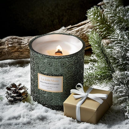 LA JOLIE MUSE Kōya Hinoki & Cypress Scented Candle – Pine, Leather & Hinoki | 19 oz Festive Christmas Candle | Wooden Wick | Clean Burn & Vibrant Scent | Fun Gift for Hosts & Fall Tablescapes