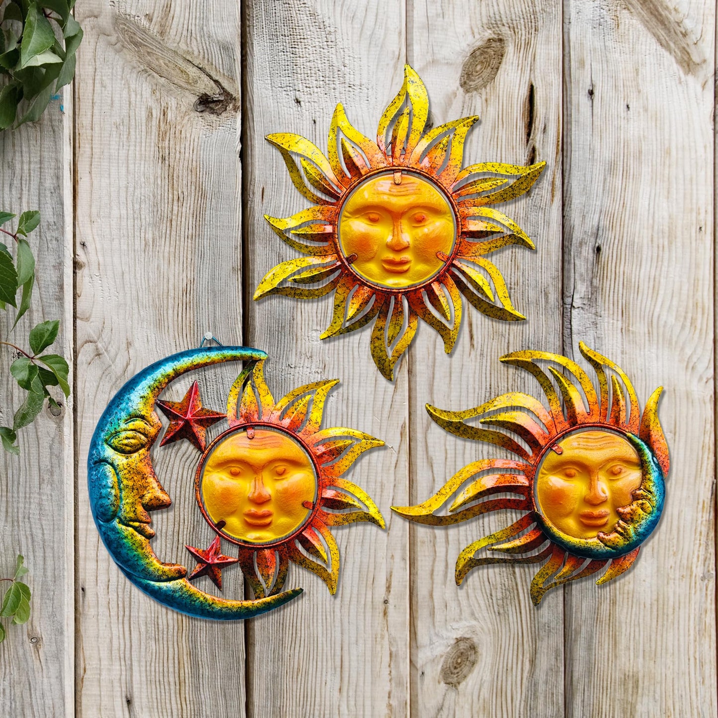 NewVees Sun Face Metal Wall Art Décor Outdoor Indoor, Sun Moon Star, Metal Glass Hanging for Garden Sun Face Sculptures & Statues Statues Wall Art for Farmhouse, Patio, Garden Decoration(3 Pack)