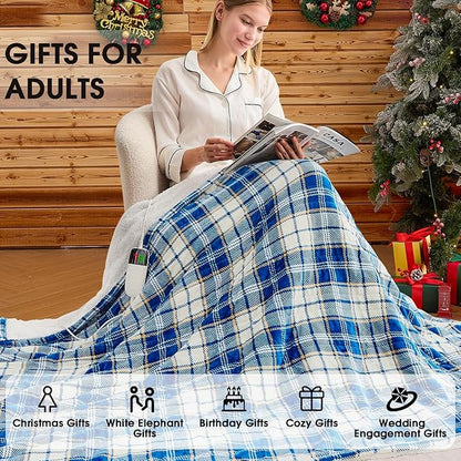 Heated Electric Blanket Twin Size,62X84 Heating Blanket with 10 Heats Levels&8 Hours Auto Off&Timer,Blue Plaid Soft Cozy Sherpa Blankets Warmer Gifts for Grandma Women Adult,Fast Heating Washable
