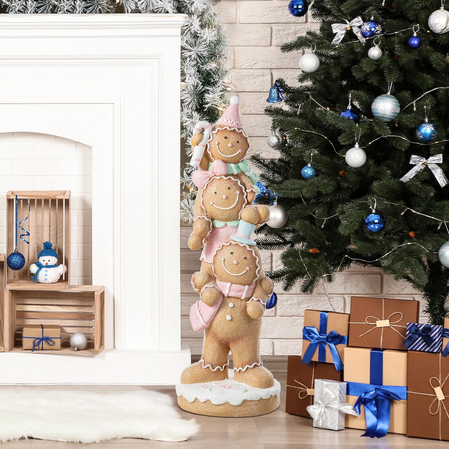 Glitzhome Christmas Gingerbread Man Porch Decor, 29.25" Stacked Macaron Pink Resin Outdoor/Indoor Holiday Yard Statue, Hand-Painted Festive Display for Entryway