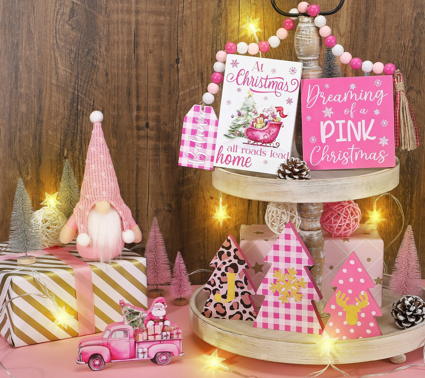Asoulin Pink Christmas Tiered Tray Decor 8 PCS Xmas Decorations Indoor - Believe Christmas Wooden Signs & Pink Xmas Gnome Plush Set - Table Decor Tier for Home Kitchen Mantel