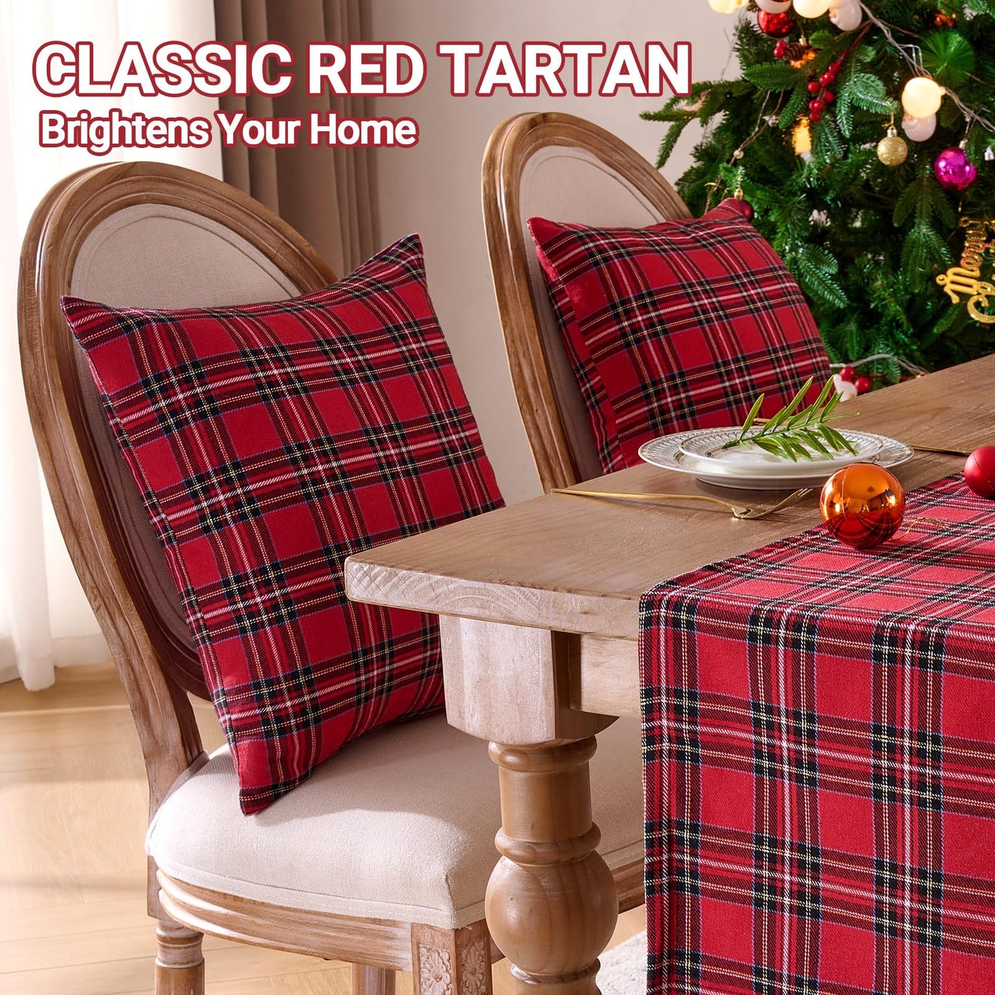 Red Tartan Plaid Christmas Decorative Throw Pillow Covers 18x18 Set of 2, Red Plaid Christmas Decor Tartan Pillows for Couch Bed & Living Room, Retro Classic Xmas Decorations for Winter Holiday