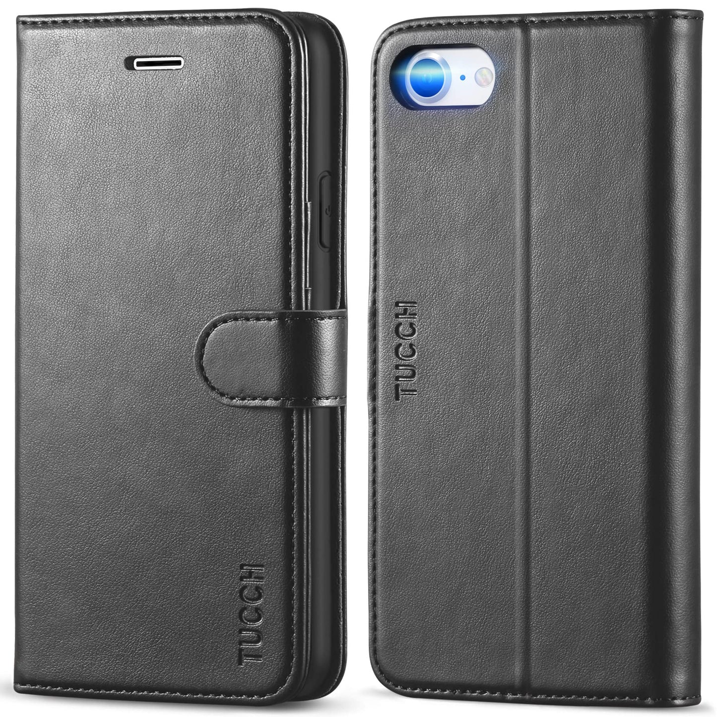 TUCCH Case Wallet for iPhone SE 2022/ iPhone 7/8/iPhone SE 2020, PU Leather 3 Card Slots Stand Magnetic Flip Folio Cover TPU Shockproof Inner Shell, Black