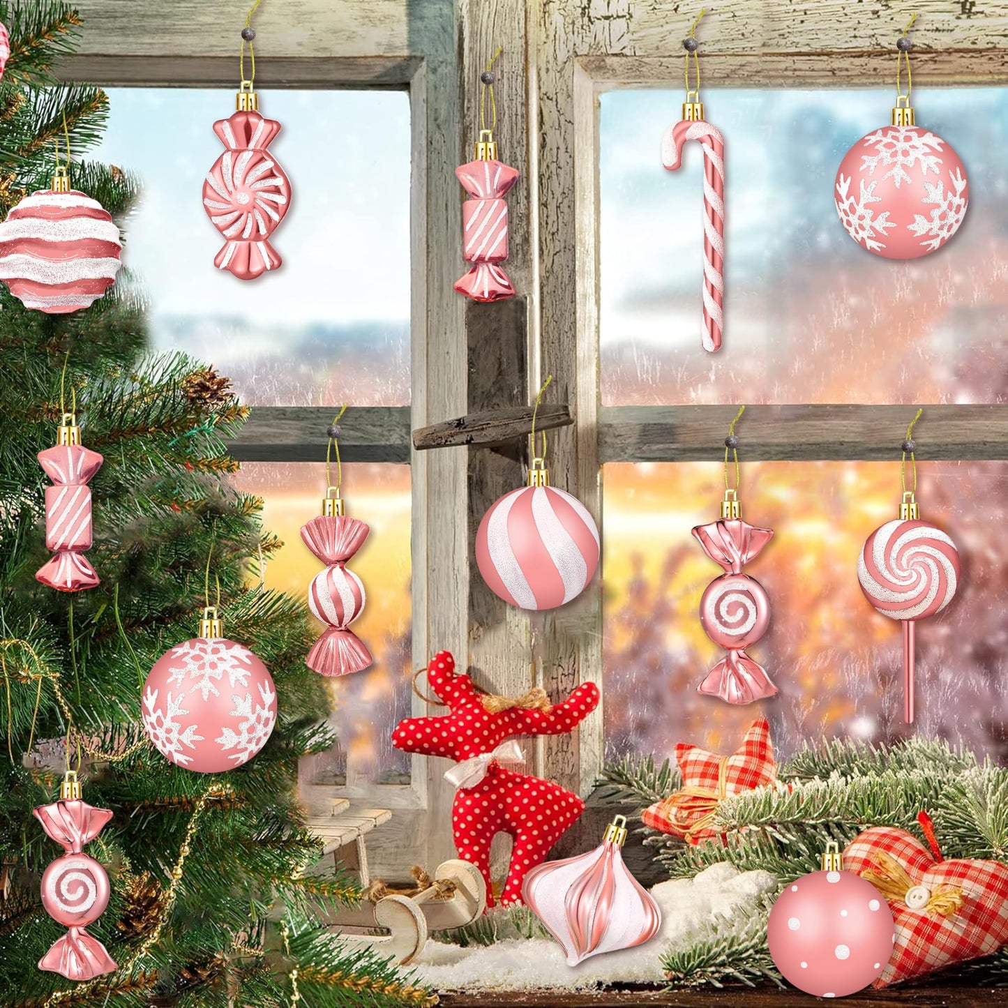 Christmas Ornaments Candy Lollipop Set -48Pcs for Xmas Tree Decoration Hanging Plastic Gloss Candy Canes Ball Pendants for New Year Home Decor Party Supplies (Rose Gold)