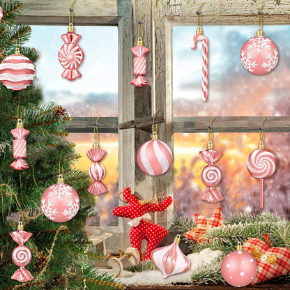 Christmas Ornaments Candy Lollipop Set -48Pcs for Xmas Tree Decoration Hanging Plastic Gloss Candy Canes Ball Pendants for New Year Home Decor Party Supplies (Rose Gold)