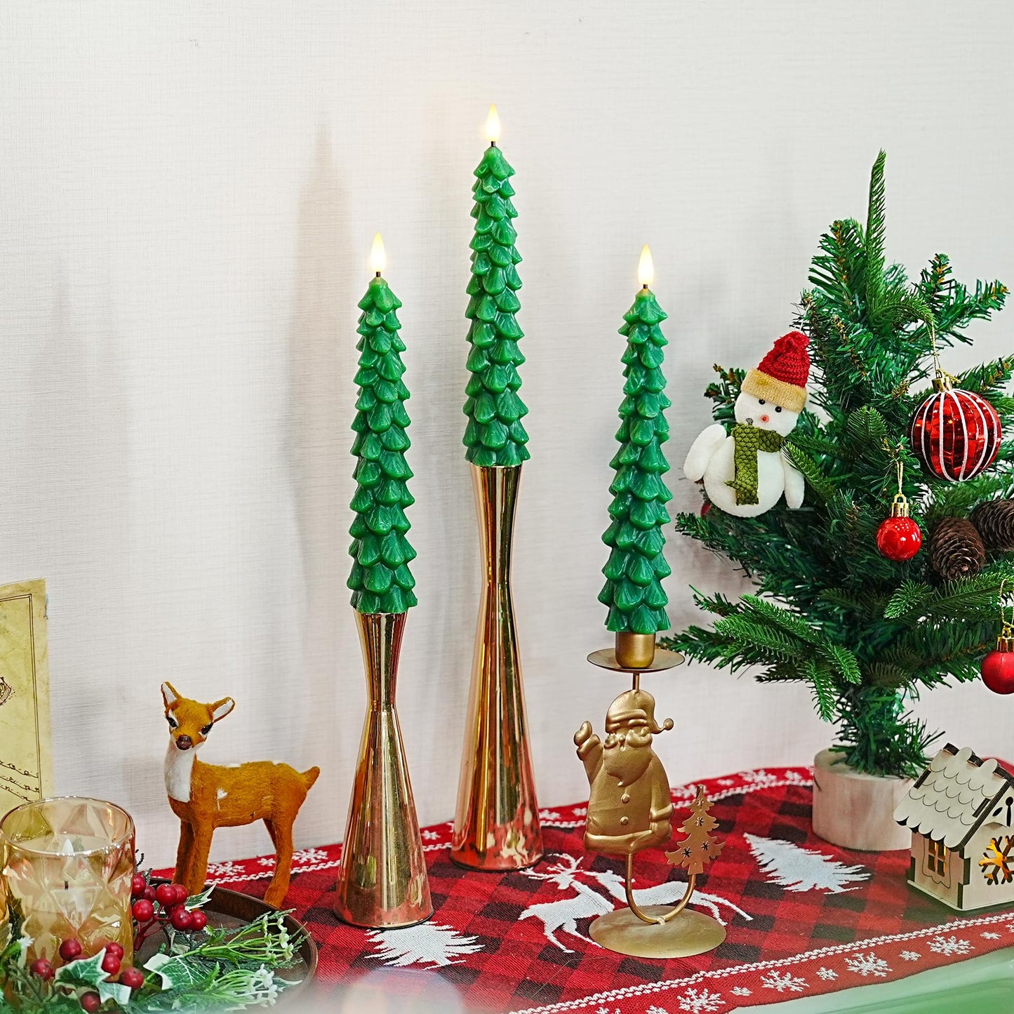 yunsheng 3Pcs Christmas Tree Candles with Remote Timer, Green Real Wax Flameless Taper Candles Flickering, 9.5 Inches Battery Operated LED Window Candle for Home Holiday Decor
