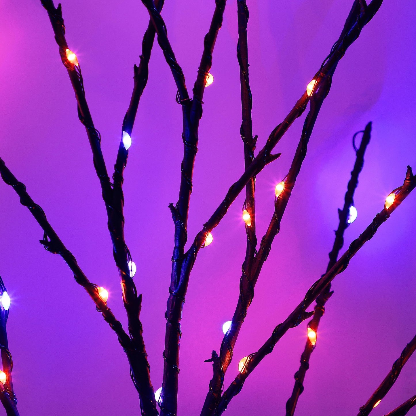 Lighted Halloween Tree Branches, 30IN 100LED Artificial Black Twig Branch with Purple&Orange Fairy Lights, Built-in Timer & Battery Operated, Waterproof for Outdoor Pathway Lawn Garden Decorations