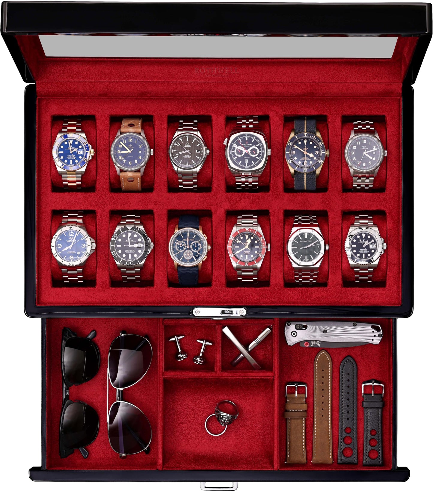 ROTHWELL 12-Slot Piano Black Watch Box with Valet Drawer - Premium Jewelry Display Case Organizer with Locking Glass Top and Microsuede Liner for Men & Women (Red Interior)