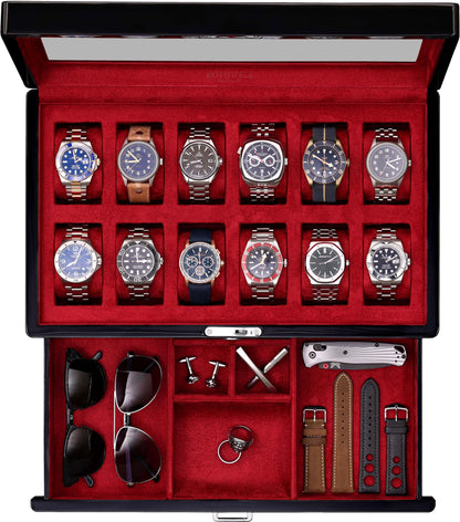ROTHWELL 12-Slot Piano Black Watch Box with Valet Drawer - Premium Jewelry Display Case Organizer with Locking Glass Top and Microsuede Liner for Men & Women (Red Interior)