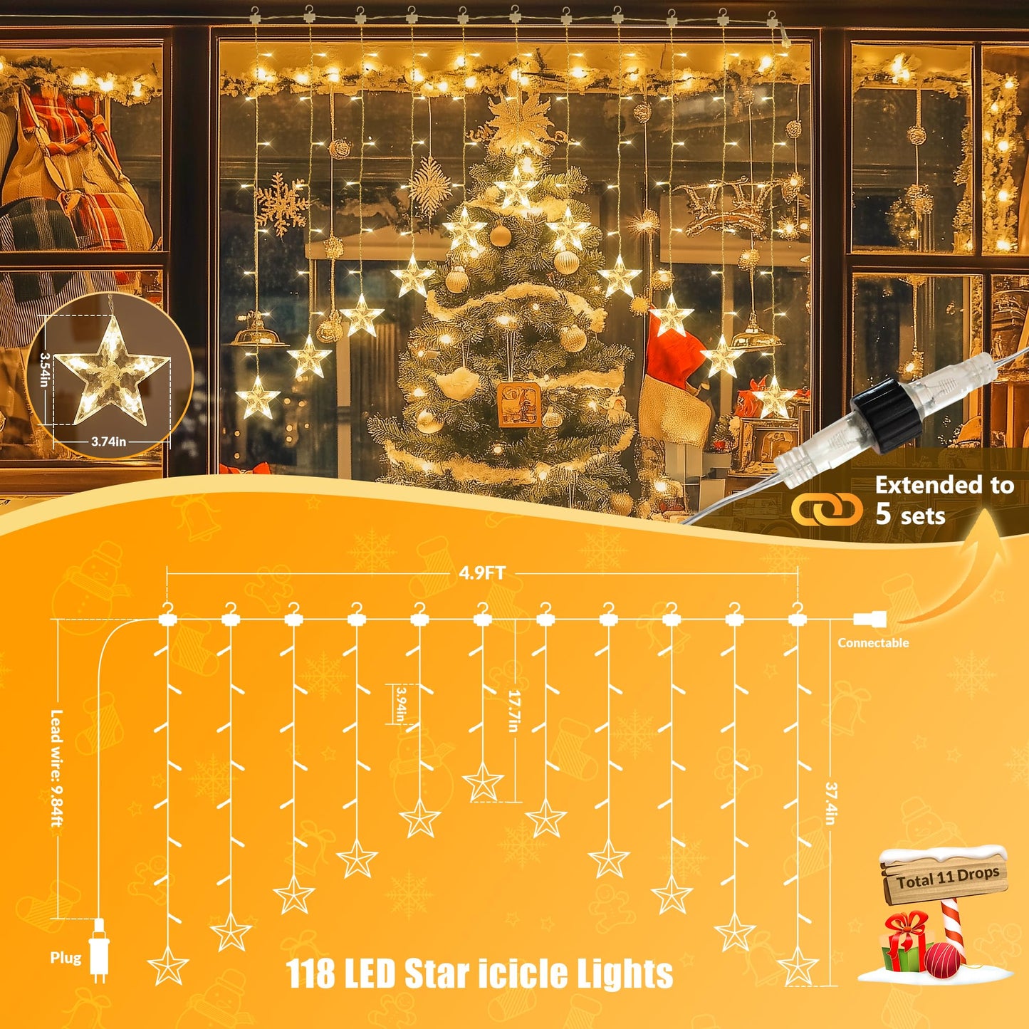 YOUNGAR Stars Icicle Lights,Younger Stars Curtain Lights,11.5ft 118LED Hanging Lights for Home Bedroom Ceiling, Warm White Lights Decor for Wall Indoor, Outdoor, Party, Garden Christmas