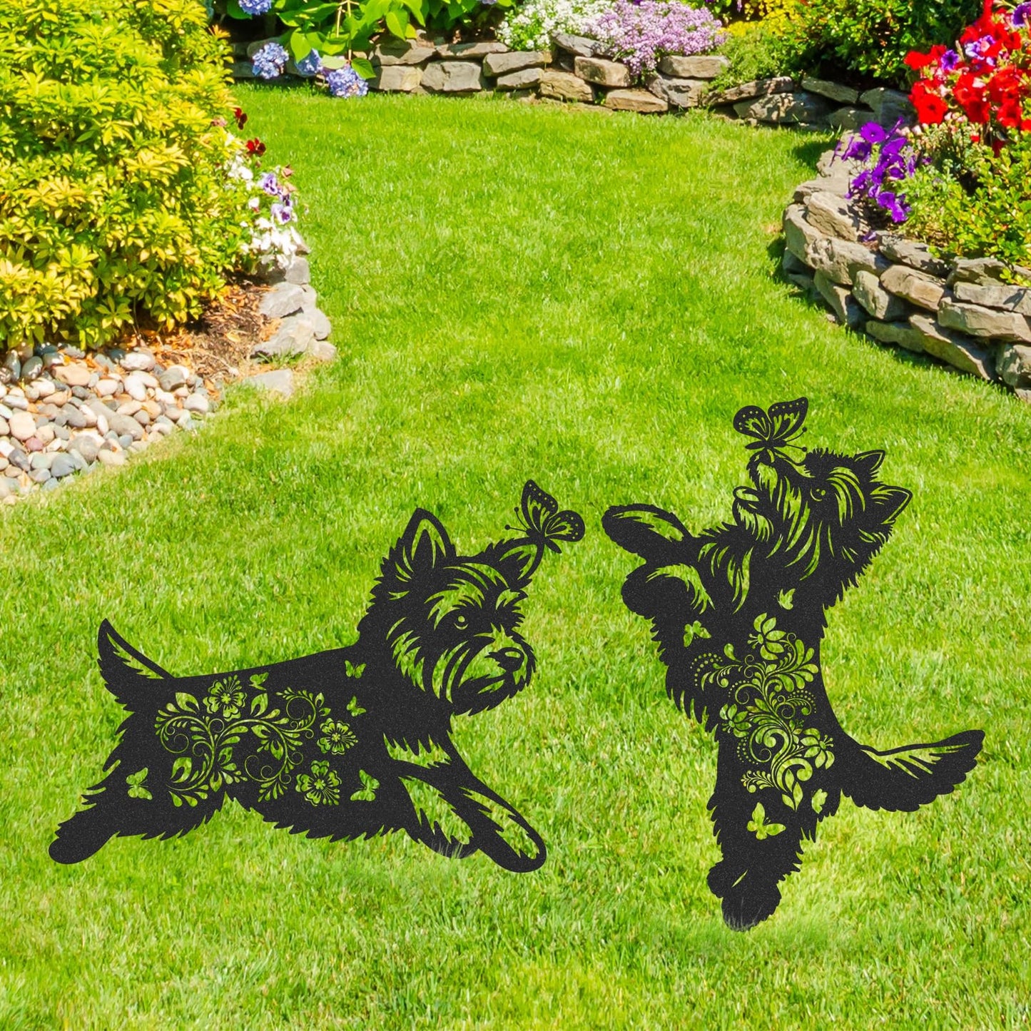 LIRAVENO Yorkie Metal Garden Stakes - 2 Pcs Animal Yard Statues Dog Decor Patio Lawn Decoration Outside Waterproof Butterfly Flower Silhouette Pathway Sign Christmas Birthday Gifts for Dogs Lover