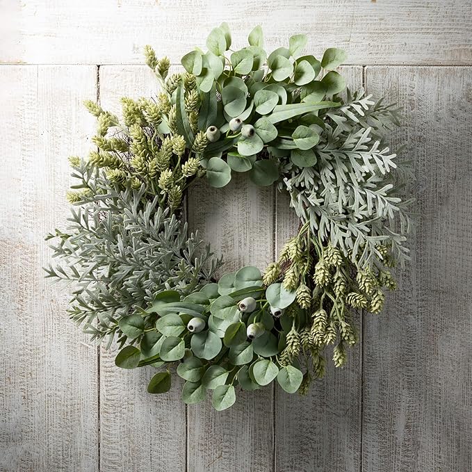 Sullivans Eucalyptus Wreath for Front Door, 26" Mixed Olive Green Pod Leaf Round Summer Wreaths, Indoor Outdoor Greenery Decorations for Fireplace, Mantle, Home Décor