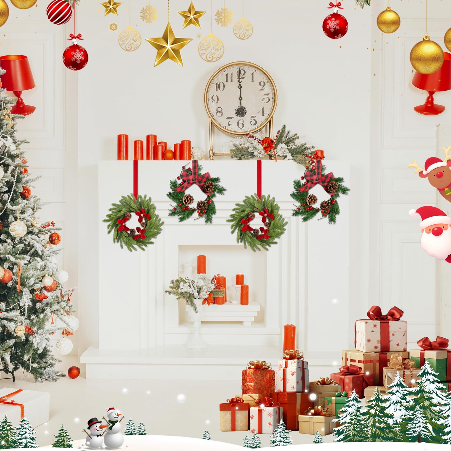 Ogrmar 12 Pcs Mini Christmas Kitchen Cabinet Wreaths with Ribbon, 2 Styles Hanging Christmas Wreath, Small Kitchen Xmas Decoration for Fireplace Kitchen Door Stair Window